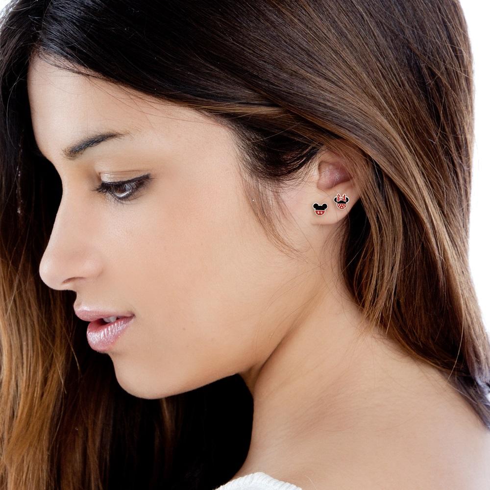 MINNIE + MICKEY - 1 Paire de Clous d'Oreilles - Laiton Argent Plaqué