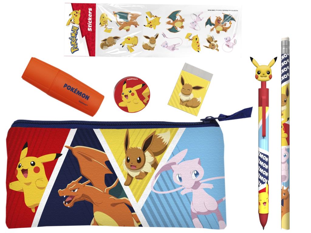 POKEMON - Set de Papeterie avec une Trousse Triple & Stickers - 7pc