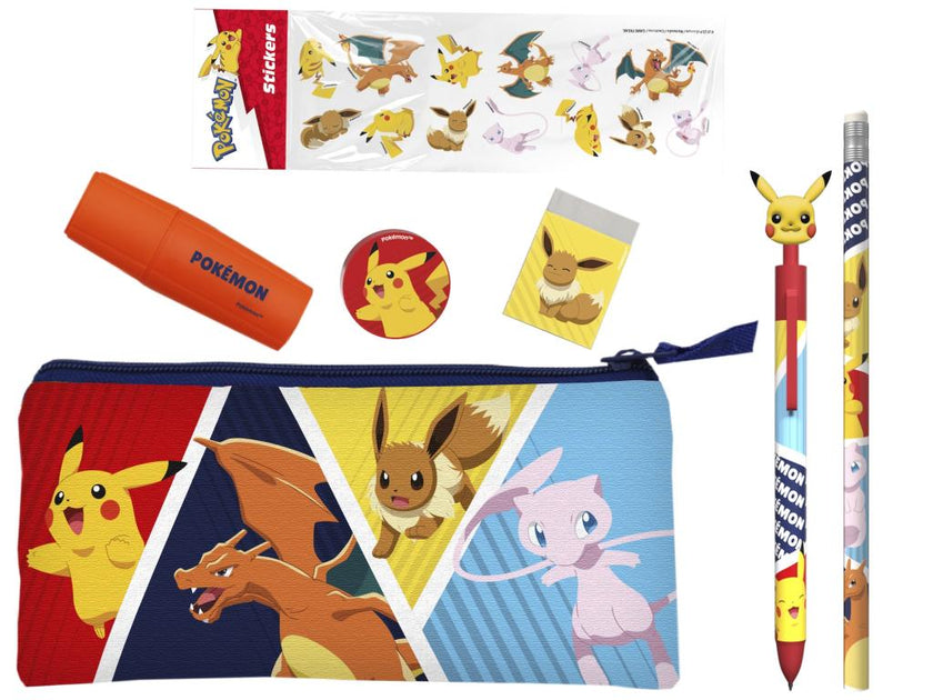 POKEMON - Set de Papeterie avec une Trousse Triple & Stickers - 7pc