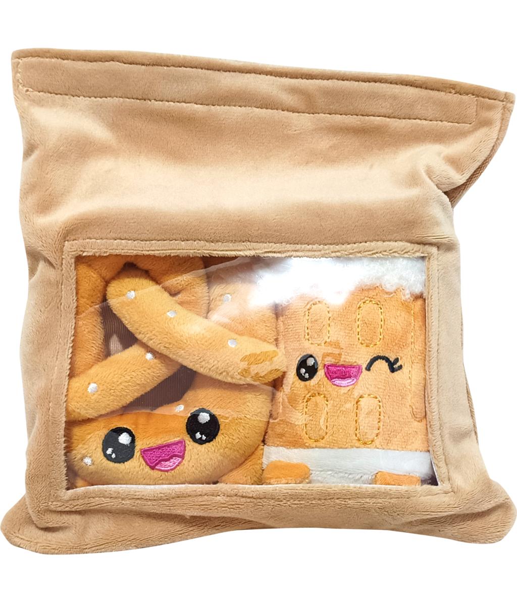 YUMMIES - Bretzel & Bière - 2 Peluche 15cm dans sac en peluche 21x21cm