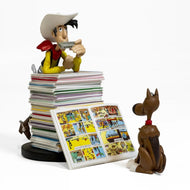 LUCKY LUKE - Lucky Luke & Rantamplan sur pile de BD - Statuette 25cm