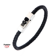MARVEL - Steel Punisher Skull Logo with Black Leather Bracelet