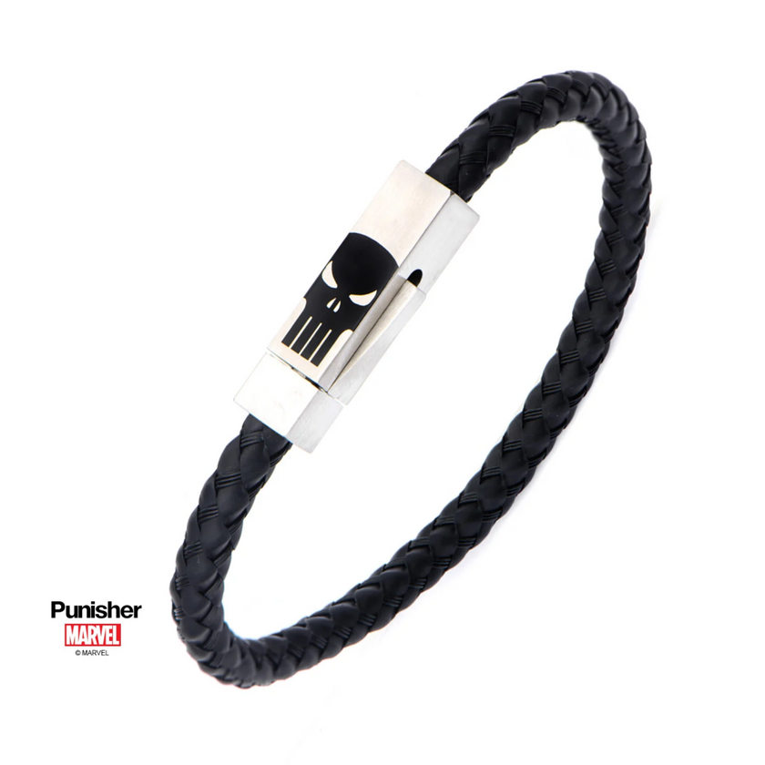 MARVEL - Steel Punisher Skull Logo with Black Leather Bracelet