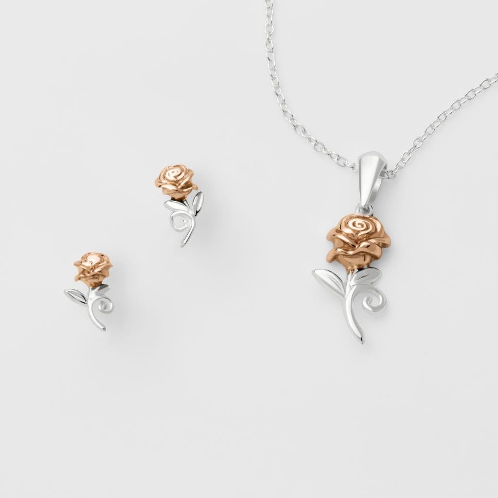 LA BELLE & LA BETE - Rose - Set Collier en Argent + Clous d'Oreille