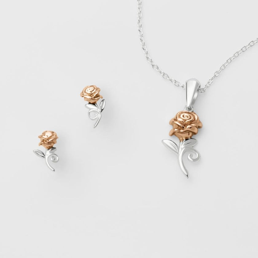 LA BELLE & LA BETE - Rose - Set Collier en Argent + Clous d'Oreille