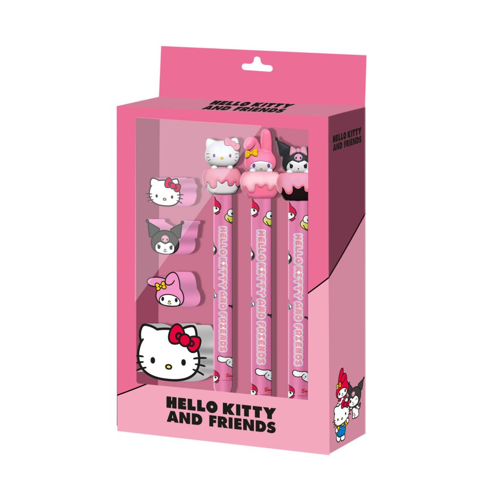 HELLO KITTY & Friends - Cake - Set de 3 Crayons + 4 Gommes