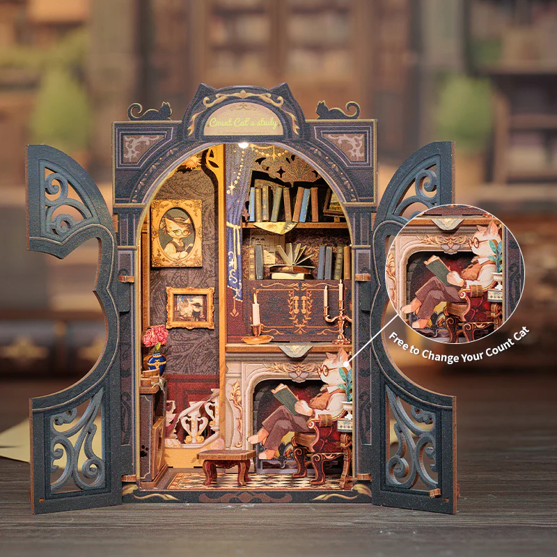 BOOK NOOK KIT - DIY - Le Cabinet du Comte Cat - 108pc + Eclairage LED