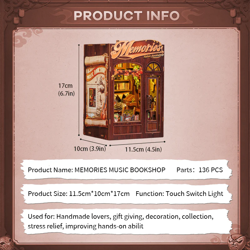 BOOK NOOK KIT - DIY- Libraire Musicale Memories - 136pc +Eclairage LED