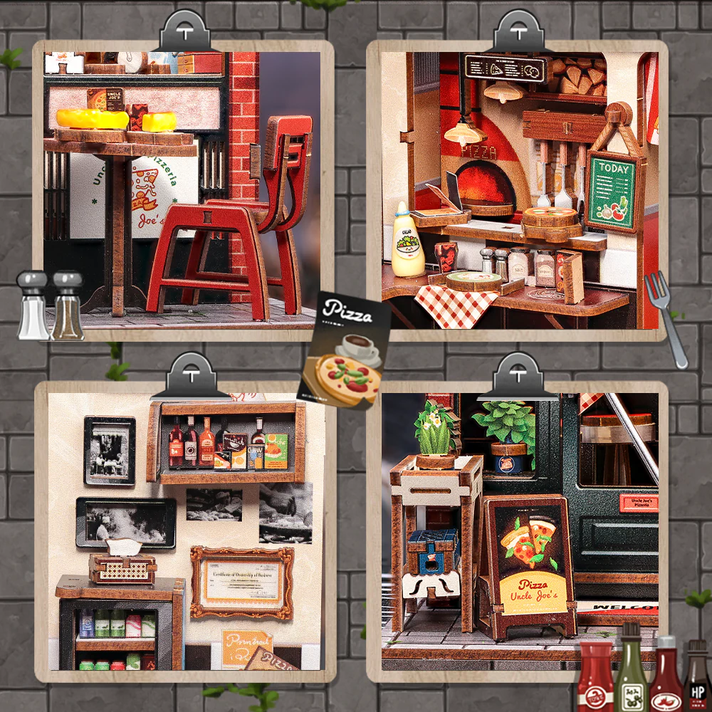 MINIATURE HOUSE - DIY- Pizzeria d'Oncle Joe - 236pc + Eclairage LED