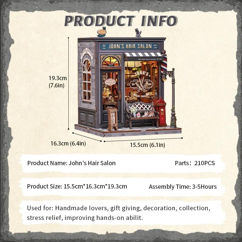 MINIATURE HOUSE - DIY- Salon de Coiffure John - 210pc + Eclairage LED